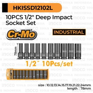 10-Pcs 1/2" Deep Impact Socket Set (78mm Cr-Mo) INGCO HKISSD12102L - Mata Kunci Sok Soket Panjang