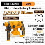 P20S Brushless Rotary Hammer Drill (2.0J) INGCO CRHLI2201 - Mesin Bor Bobok Beton Tembok Batu Bata