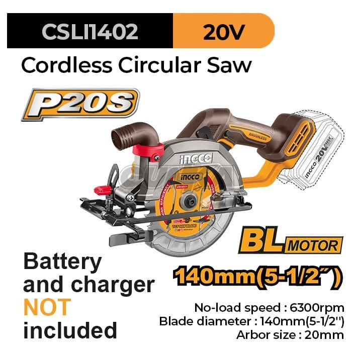 P20S Cordless Circular Saw (145mm/5?") INGCO CSLI1402 Gergaji Kayu Serkel Sirkular Mata Bulat Kayu Papan Triplek Multiplek